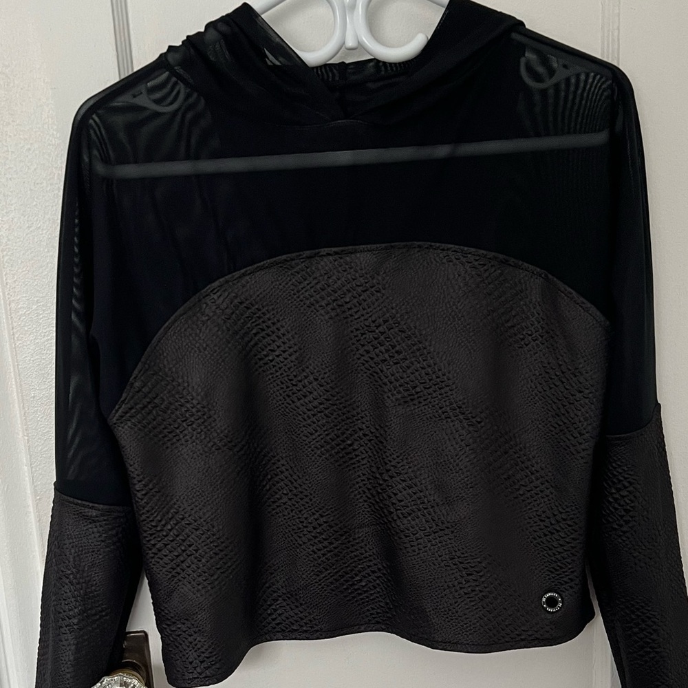 Black faux leather and mesh hoodie